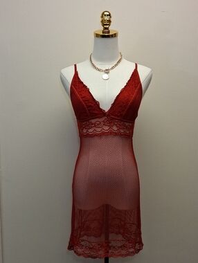 Frederick's of Hollywood Red Lace Mesh Chemise Slip Dress Size Medium